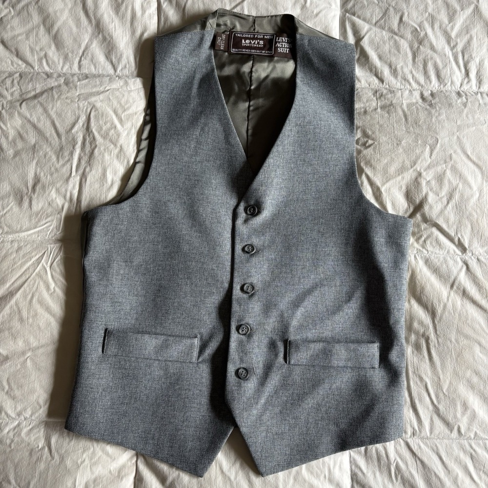 Vintage 70s Levis Action Suit Vest Gray Men's 36R Small 5-Button Waistcoat Retro